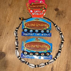 Island Creations Adjustable Shell Necklace and 2 peace sign bracelets BRAND NEW